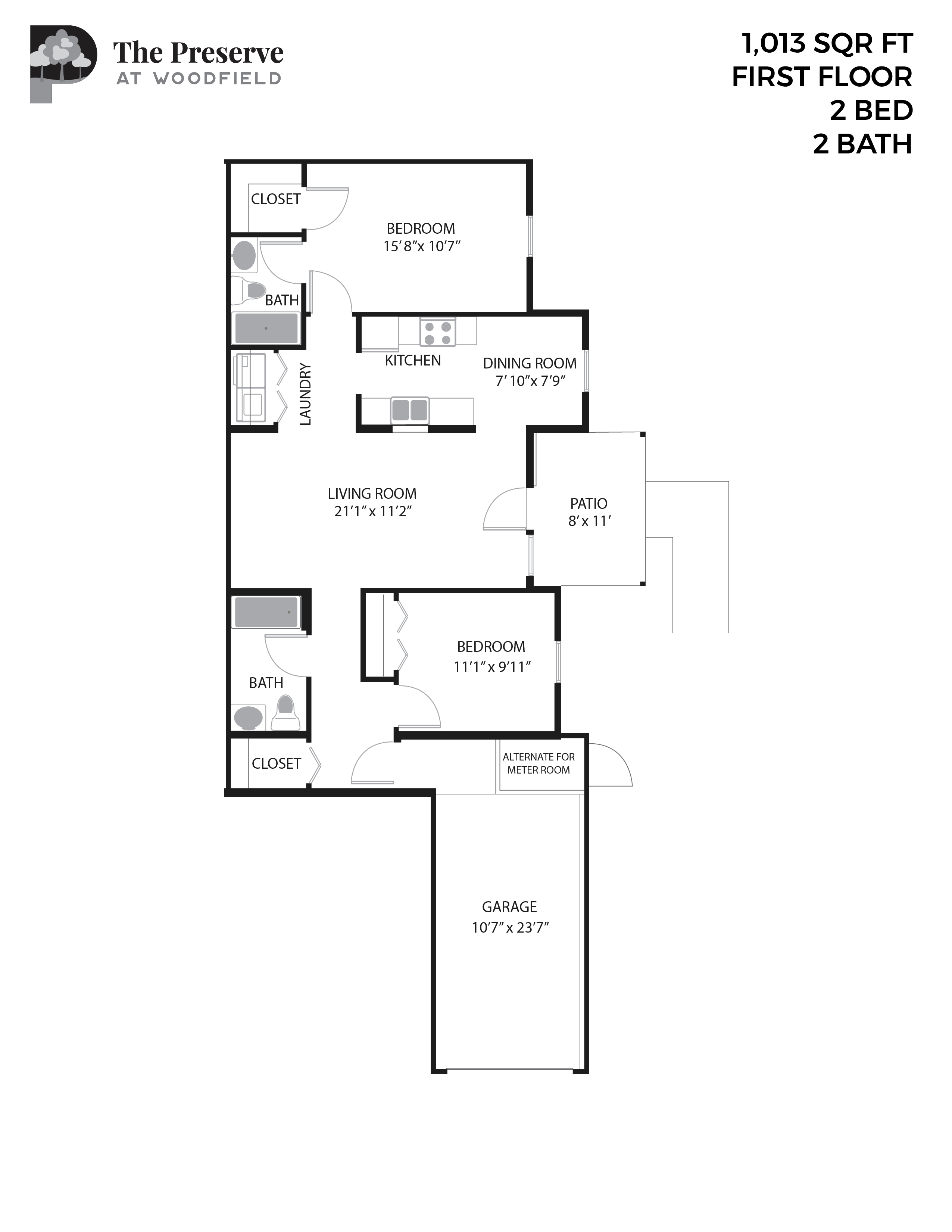 Floor plan for 2 beds, 2 baths, 1013 sqft